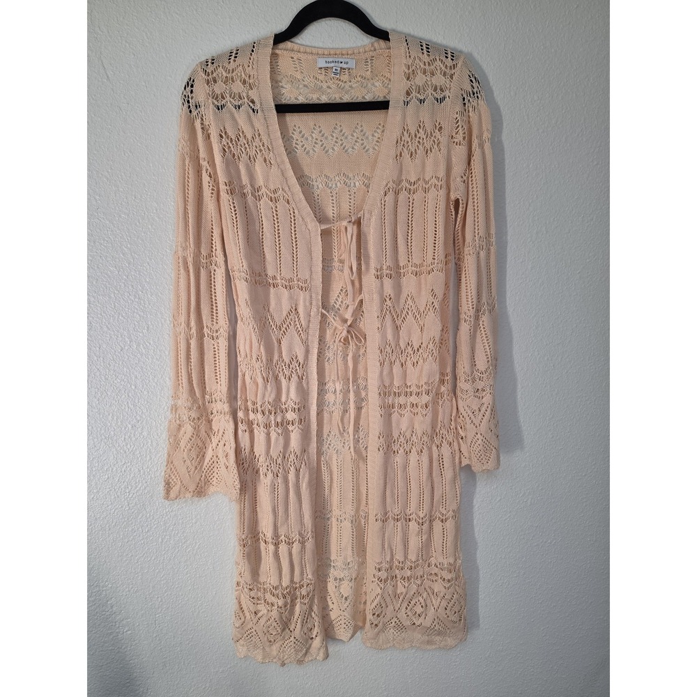 Hooked Up Cardigan XS Pink Crochet V-Neck Long Sleeve Sweater Boho Wrap